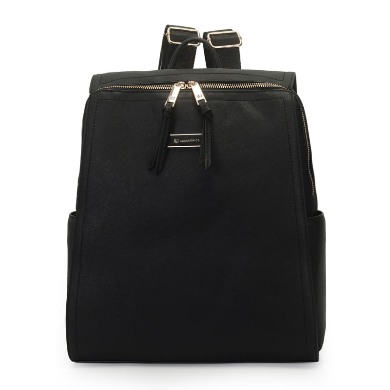 Mochila preta feminina WJ 46231 vista frontal com zíper duplo e alças ajustáveis